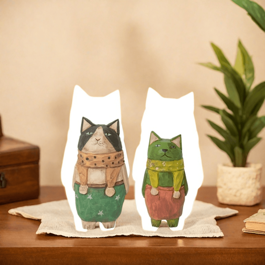 2 Handmade Carved Cats, Desktop Ornaments, Handicrafts Carved Cat Figurines, Desktop Creativity, Holiday Gifts, Party Table Centerpiece Decorations