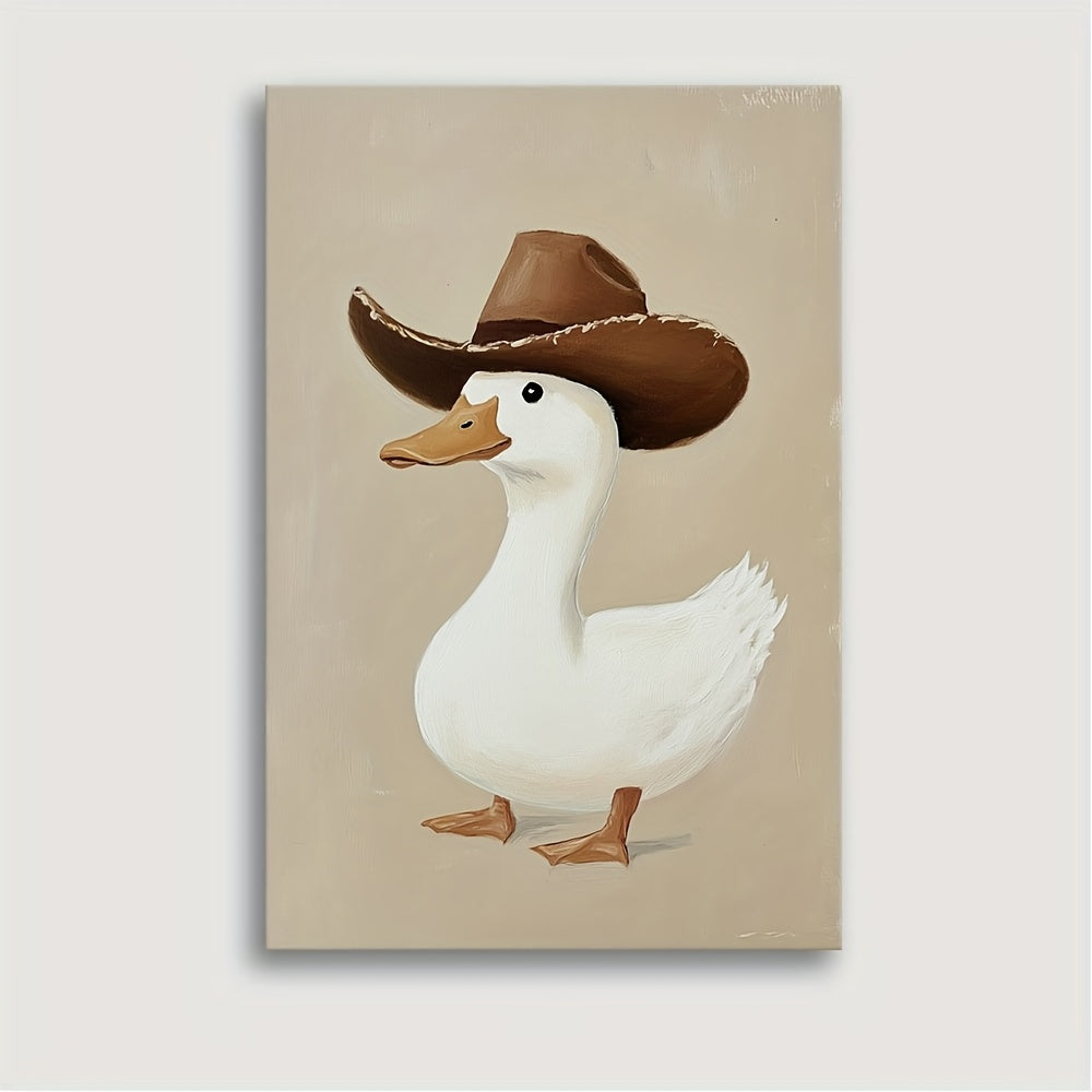 1pc Silly Cowboy Goose Canvas Wall Art - Whimsical Western Animal Print with Pine Wood Frame, Neutral Brown Nursery Decor for Boys Room, Bathroom, Bedroom & Living Room, Western Home Decor