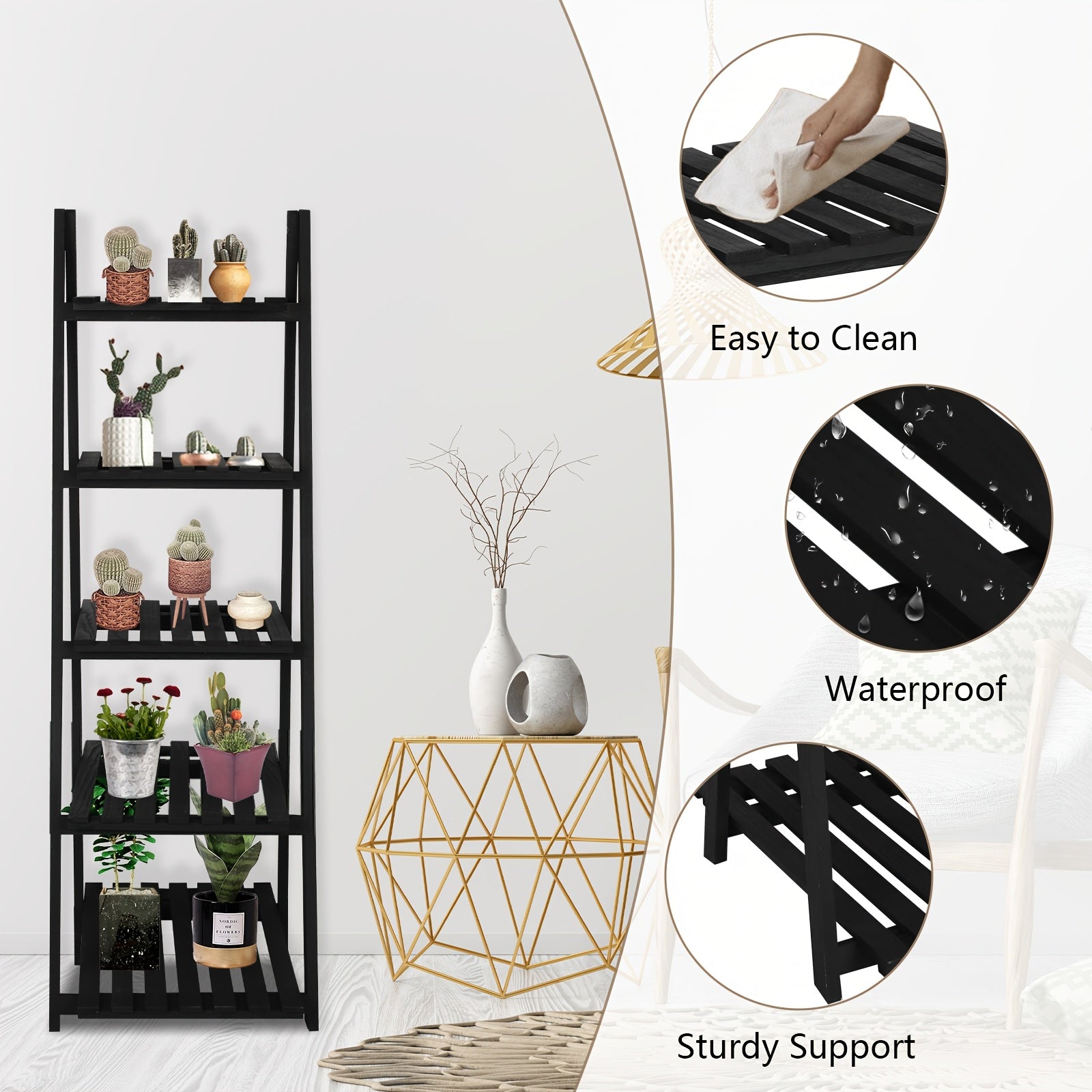 5 Tier Wooden Ladder Shelf | Freestanding Hardwood Storage Rack for Balcony, Window, Garden, Living Room, Patio