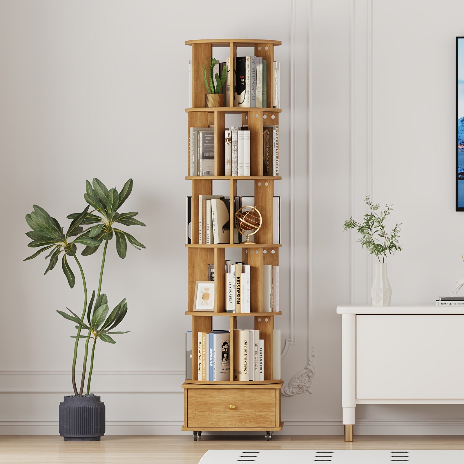 5 Tier Rotating Bookshelf with Drawers On Wheel, 360° Display Spinning Corner Book Shelf Tower, Narrow Tall Bookshelves, Small Revolving Bookcase, Wooden Book Shelf Standing Storage Rack for Home Office, Study Room